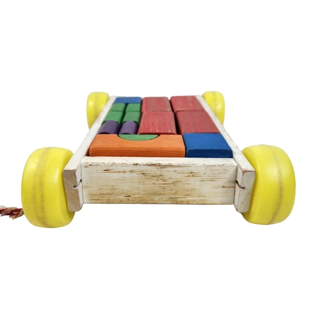 Vtg 70s Playskool Pull Toy Wooden Wagon w Complete Set Of Colorful Wooden Blocks